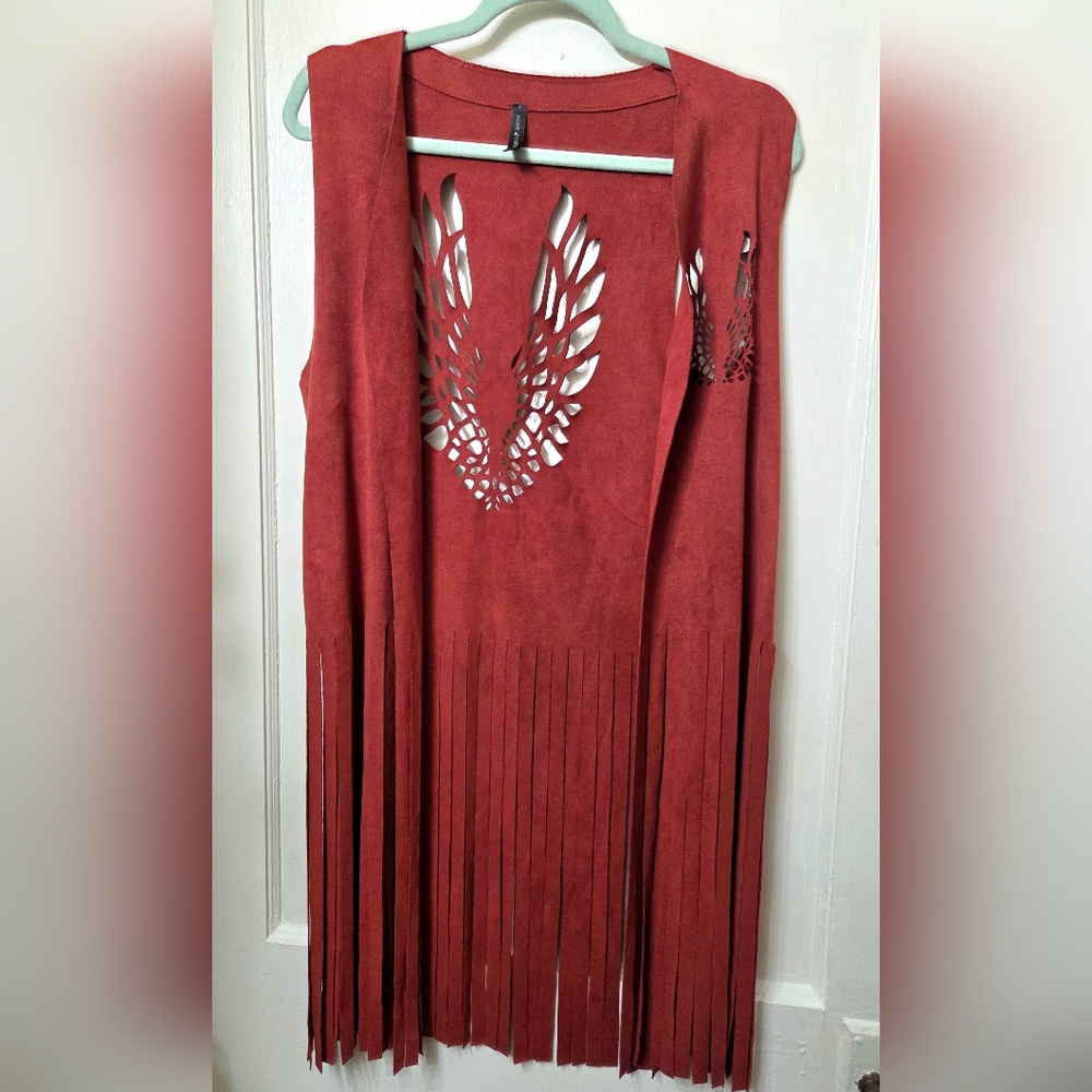 Red Faux Suede Fringe Vest with Wing Cutouts